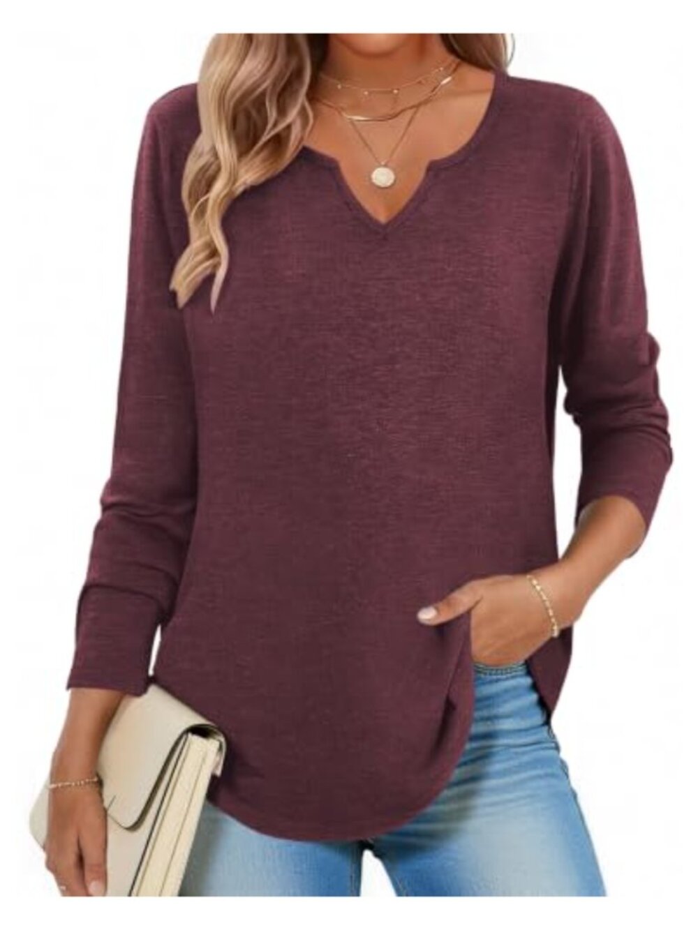 Womens V Neck Long Sleeve Tunic Top Boho Blouse Casual Layering Shirt